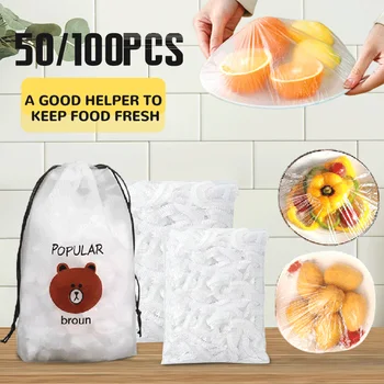 100pcs البلاستيكية المرنة الغذاء غطاء ختم التخزين ثلاجة المطبخ الأغذية الطازجة الحفاظ على التوقف كيس الفاكهة الأطباق والأكواب