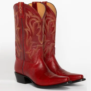 43 كبير حجم أحذية رعاة البقر الأحمر النساء Embriodery منتصف العجل الأحذية روبر النساء 2021 الخريف الجديدة سميكة كعب أحذية رعاة البقر الأحذية