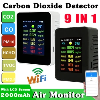 9-في-1 واي فاي PM2.5 PM10 HCHO TVOC CO CO2 نوعية الهواء كاشف الرقمية LCD CO CO2 الفورمالديهايد مراقبة درجة الحرارة والرطوبة اختبار التطبيق