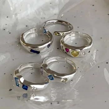 925 الفضة الاسترليني هندسية ملونة الزركون خاتم للنساء والرجال بسيط تصميم الأزياء مفتوح قابل للتعديل يدويا الزوجين خاتم هدية