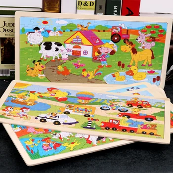 96 قطعة خشبية ملونة الألغاز الأطفال التعلم الألعاب التعليمية للبنين والبنات الكرتون الحيوانات الخشب بانوراما لغز لعبة