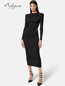 Ailigou الصيف 2023 المرأة الجديدة سوداء طويلة الأكمام فستان ضمادة مثير جولة الرقبة سكيني ميدي نادي المشاهير اللباس حزب Vestidos