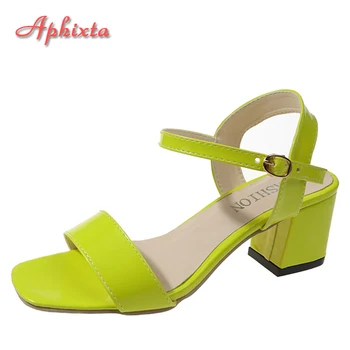 Aphixta بالاضافة الى حجم 46 الصيف حزام الكاحل زقزقة اصبع القدم الصنادل الجلدية أحذية للنساء 5cm كعب مربع بسيط FluorescentGreen الشرائح