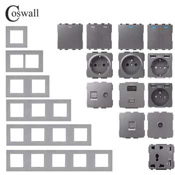 COSWALL E20 سلسلة رمادي PC لوحة التبديل الجدار الاتحاد الأوروبي الفرنسي مأخذ HDMI متوافق مع شاحن USB الإناث التلفزيون RJ4 وحدات ديي