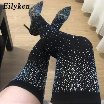 Eilyken تصميم الكريستال حجر الراين النسيج تمتد مثير عالية الكعب جورب على مدى الركبة الأحذية إصبع القدم أشار القطب الرقص أحذية للنساء