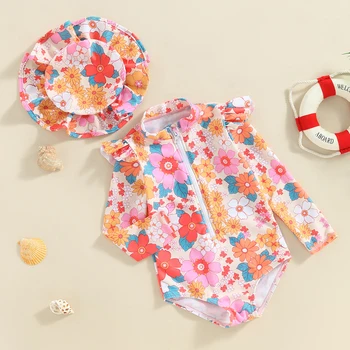 EWODOS 0-3 سنوات طفل رضيع الفتيات الصيف ملابس الاطفال ملابس عارضة طويلة الأكمام الطباعة الأزهار ثياب السباحة + قبعة