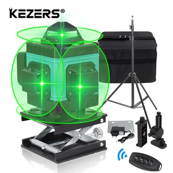 KEZERS الليزر الأخضر المستوى 4D 16 خطوط حادة الثنائيات الأفقي والرأسي شعاع مع جهاز التحكم عن بعد شماعات ترايبود(KL4D-01G)