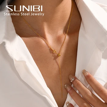 SUNIBI بساطتها 316L الفولاذ المقاوم للصدأ سلسلة طويلة قلادة للنساء لون الذهب قابل للتعديل قلادة المجوهرات بالجملة