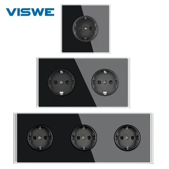 VISWE المنافذ الكهربائية 16A 250V الأسود الكامل مرآة الكريستال الزجاج المقبس الأوروبي مقبس الحائط المنزل