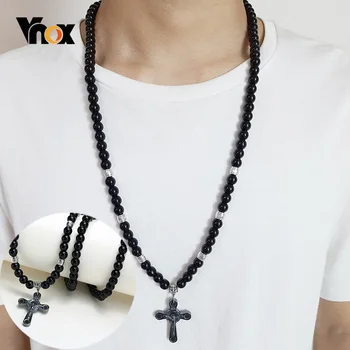 Vnox الأسود للرجال العقيق حجر سبحة قلادة الصليب الصليب الكاثوليكية ذكر دعاء ديني المجوهرات