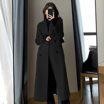 أزياء الشتاء معطف للنساء أنيقة الكورية عارضة مزدوجة الصدر معطف الصوف سترة طويلة سوداء سيدة مكتب فضفاضة أبلى