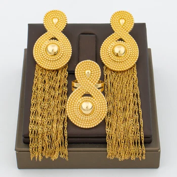 الأفريقية دبي لون الذهب والمجوهرات للنساء 8 تصميم شكل أقراط و خاتم طرف مجموعة الزفاف بوهيميا الذكرى
