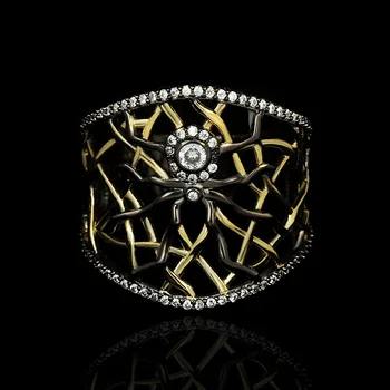 الإبداعية الجديدة الطراز القوطي الجوف العنكبوت خاتم الماس 9258 الفضة الرجعية الحيوان الأسود الذهب اثنين من لهجة خاتم الطرف المجوهرات