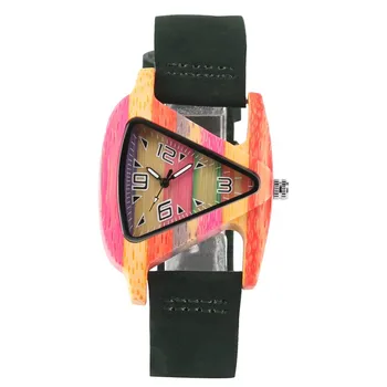 الإبداعية ملونة فريدة من نوعها الخشب الساعات شكل مثلث الاتصال الهاتفي ساعة الكوارتز الجلود سوار ووتش ساعة اليد النسائية
