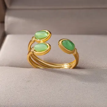 الحجر الأخضر خاتم للنساء الفولاذ المقاوم للصدأ لون الذهب قابل للتعديل الحجر خاتم الزفاف جمالية الأزياء والمجوهرات هدية الملحقات