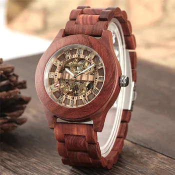 الفاخرة الخشب الأحمر ووتش الميكانيكية ذاتية الملء خشبية الساعات الإبداعية فريدة من نوعها الساعة الأوتوماتيكية الرجال ووتش reloj masculino