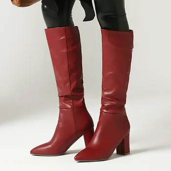المرأة الخريف الشتاء أحذية عالية في الركبة الاستهجان الأزياء الانزلاق في مربع أحذية عالية الكعب أحذية طويلة السيدات أشار اصبع القدم مطوي المرأة أحذية أسود أحمر