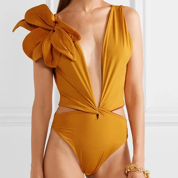 المرأة قطعة واحدة ملابس السباحة الصلبة الأزياء 3D تصميم جوفاء ضيق ملابس السباحة مثير الخامس الرقبة عارية الذراعين زي السباحة الإناث 2023