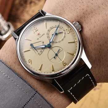 جديد 1963 الطيار التلقائي الرجل ووتش ساعة اليد العسكرية متعددة الوظائف الساعات جلد تيانجين العلامة التجارية الرسمية الياقوت