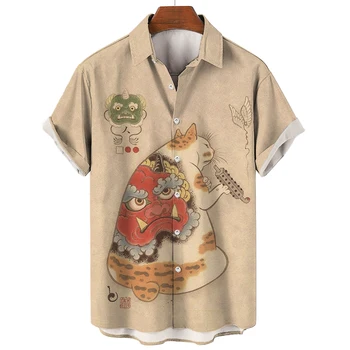 قميص هاواي للرجال اليابانية المتناثرة القط الكرتون 3D ص الحيوان قمصان الصيف قصيرة الأكمام المتضخم شيرت للجنسين الملابس