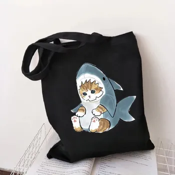 مضحك القط القرش أكياس التسوق للنساء الصيف المتناثرة دال قماش حمل حقيبة ذات سعة كبيرة Kawaii Eco Shoper حقيبة الإناث