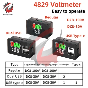 نوع C USB DC8-30V/100V 4829 بطارية السيارة الفولتميتر مؤشر مستوى شحن بطارية الليثيوم قدرة اختبار متر LED Monitor